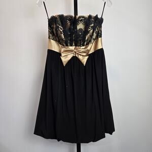 Jessica McClintock Gunne Sax Dress Bubble Hem Black Gold Lace Whimsygoth Bow Y2K